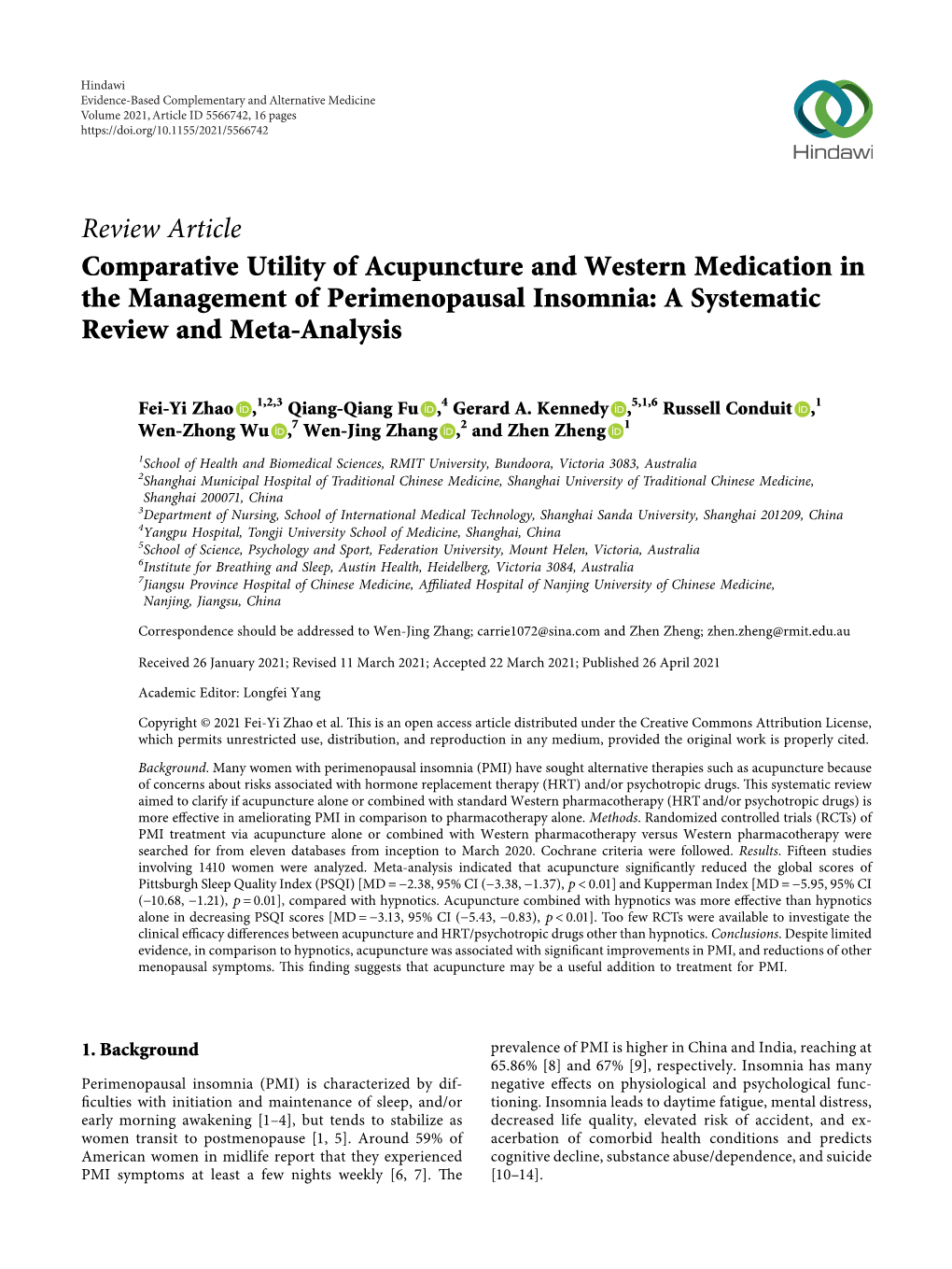 Comparative Utility of Acupuncture and Western Medication in the Management of Perimenopausal Insomnia: a Systematic Review and Meta-Analysis