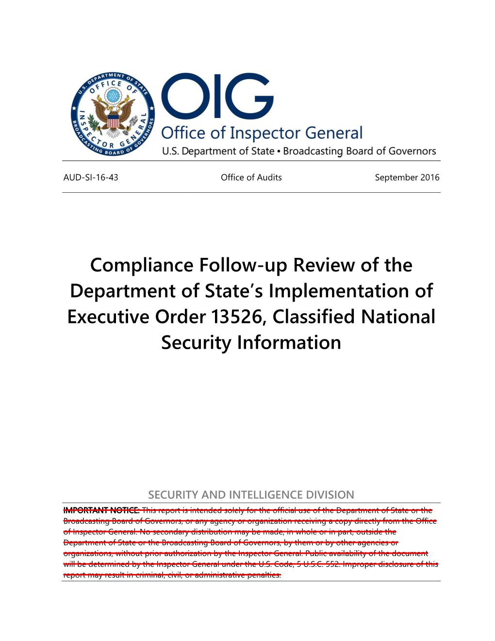 Compliance Follow-Up Review of the Department of State's