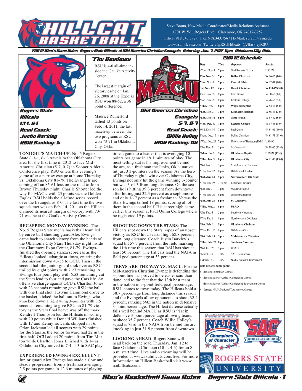 Men's Basketball Game Notes Rogers State Hillcats