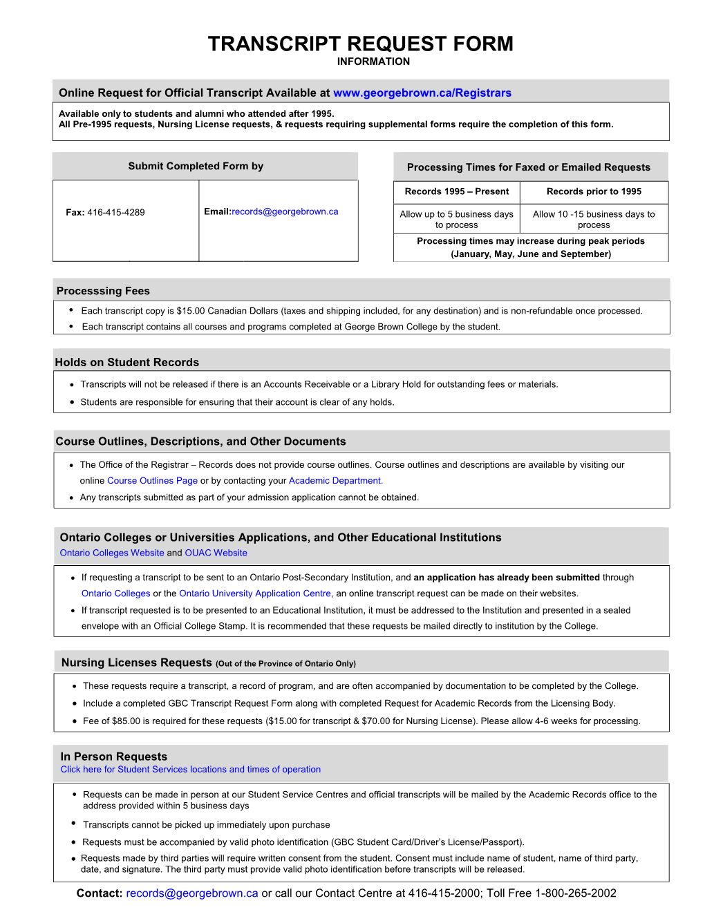 Transcript Request Form Information