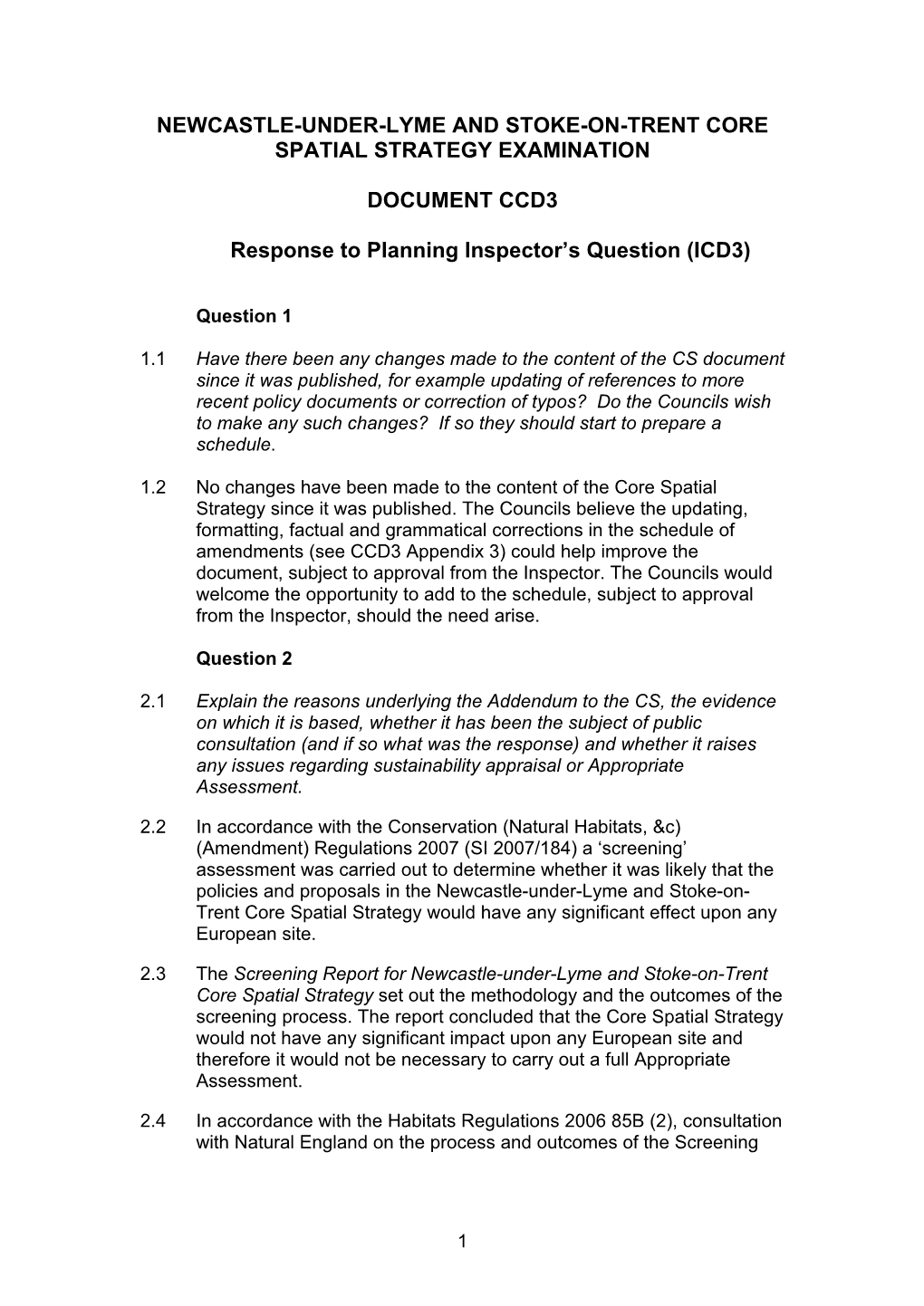 Newcastle-Under-Lyme and Stoke-On-Trent Core Spatial Strategy Examination