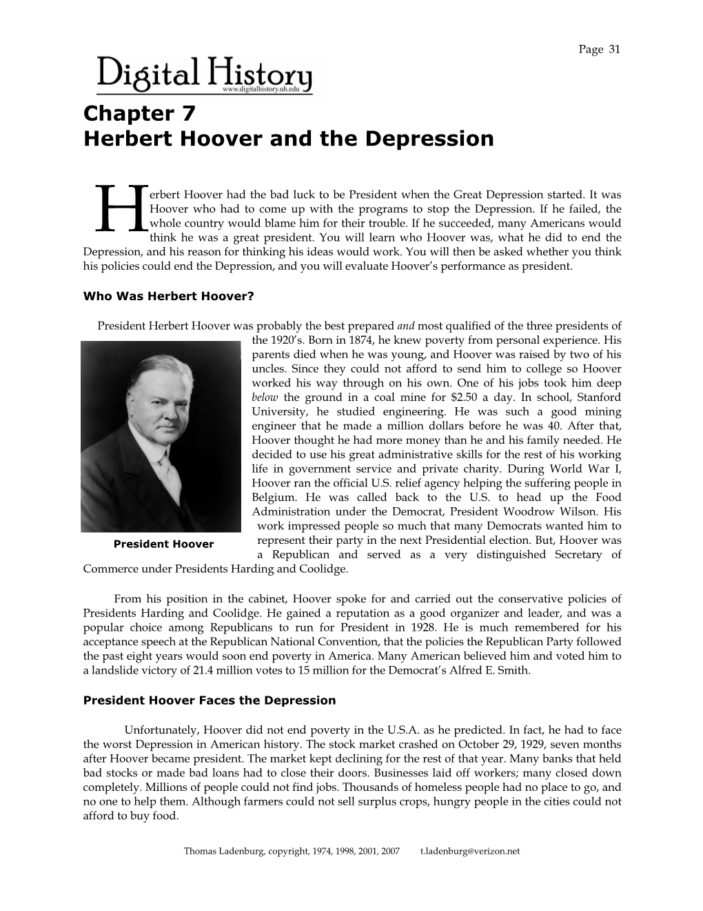 Chapter 7 Herbert Hoover and the Depression