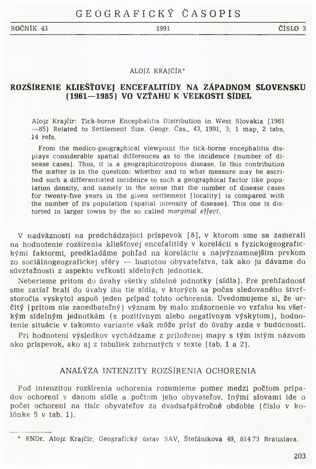 Geografický Časopis Ročník 43 1991 Číslo 3