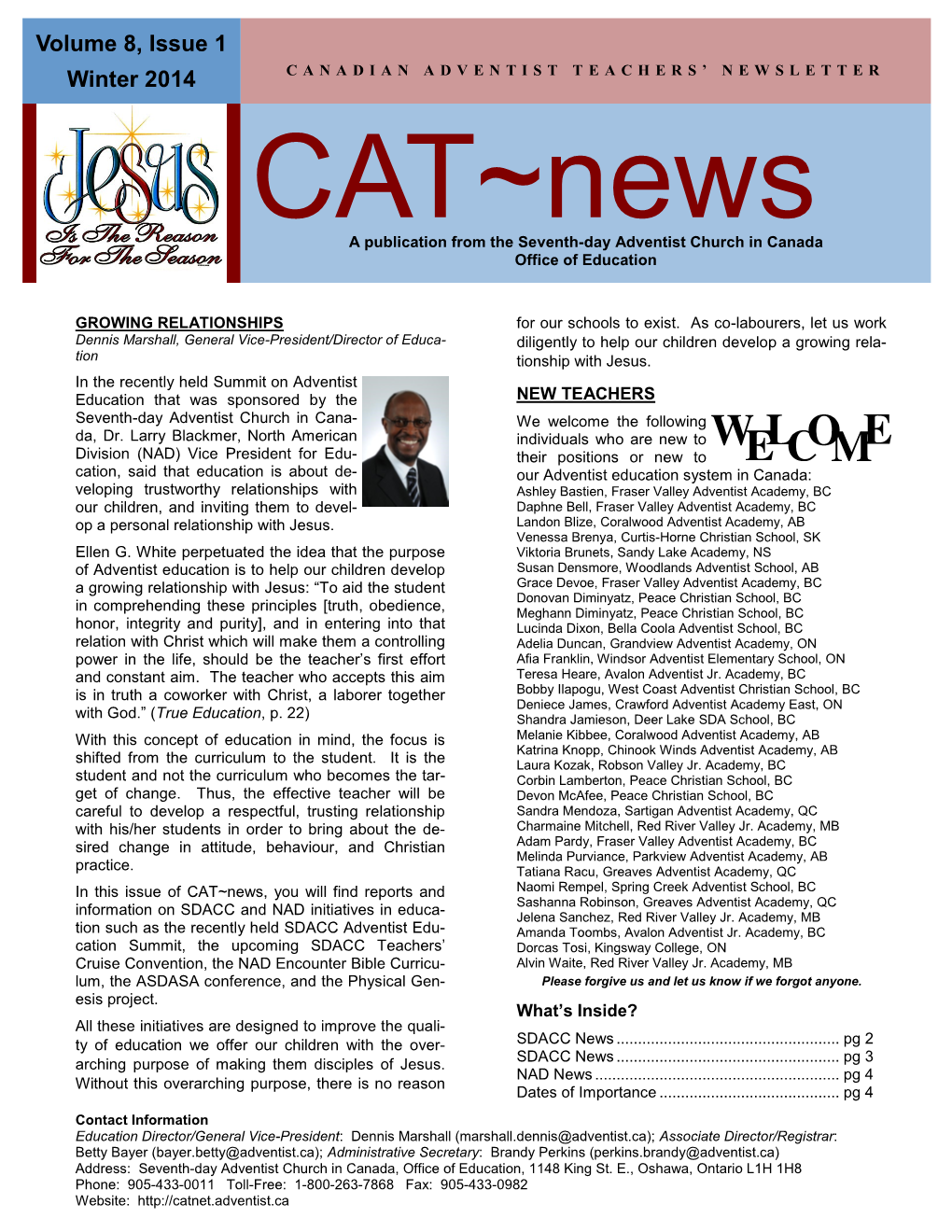 CAT~News a Publication from the Seventh-Day Adventist Church in Canada Office of Education