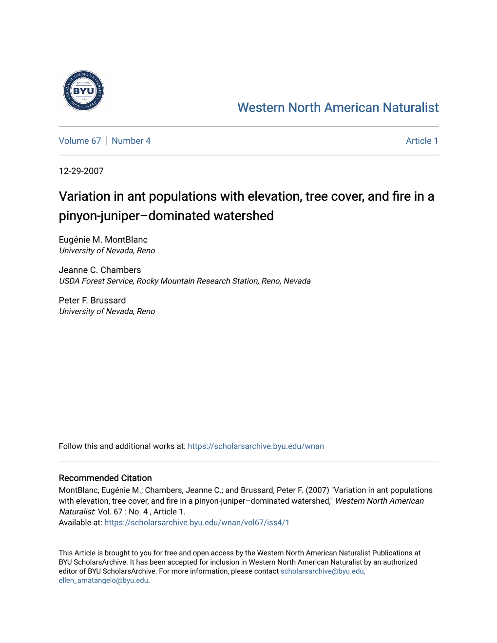 Variation in Ant Populations with Elevation, Tree Cover, and Fire in a Pinyon-Juniper–Dominated Watershed
