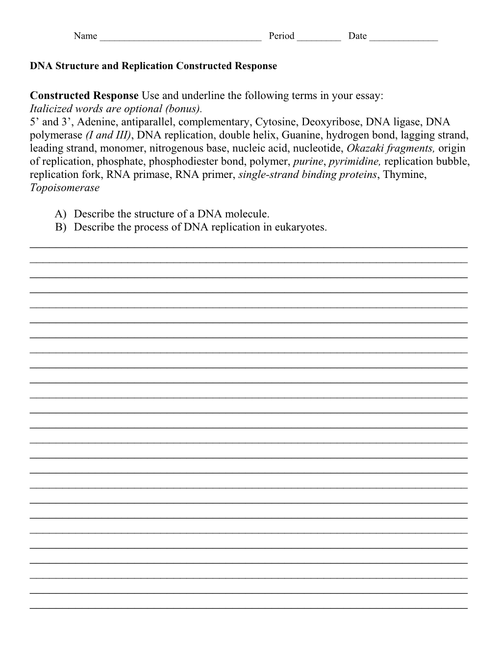 DNA Structure and Replication Constructed Response