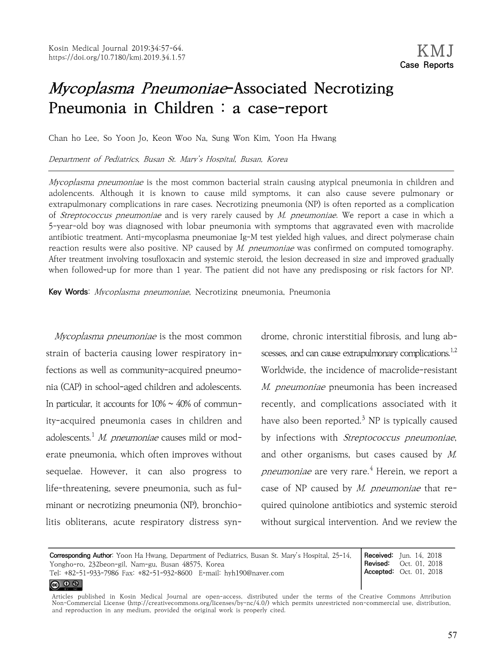 Mycoplasma Pneumoniae-Associated Necrotizing Pneumonia in Children : a Case-Report