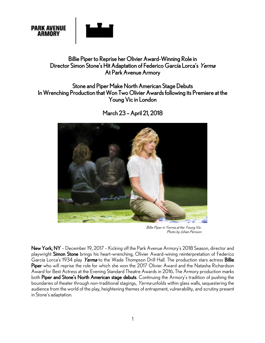 Billie Piper to Reprise Her Olivier Award-Winning Role in Director Simon Stone’S Hit Adaptation of Federico García Lorca’S Yerma at Park Avenue Armory