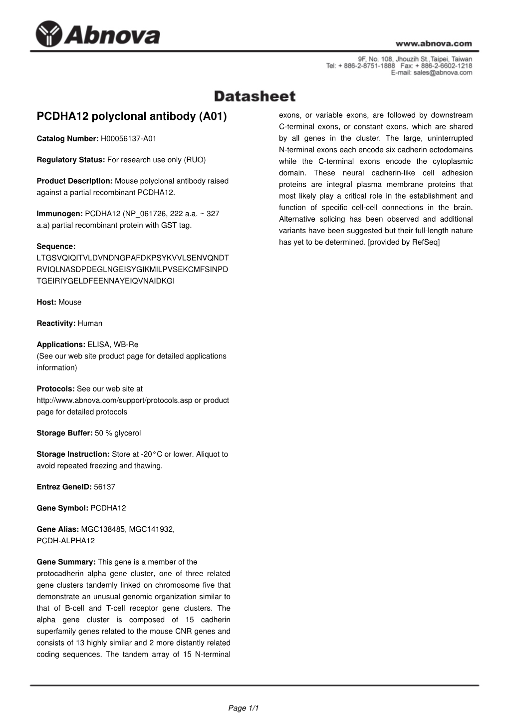 PCDHA12 Polyclonal Antibody (A01)