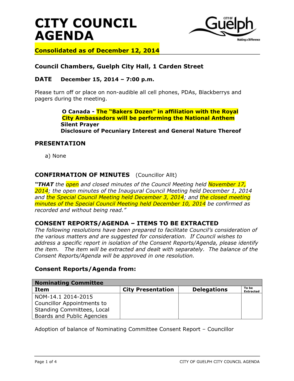 CITY COUNCIL AGENDA Consolidated As of December 12, 2014