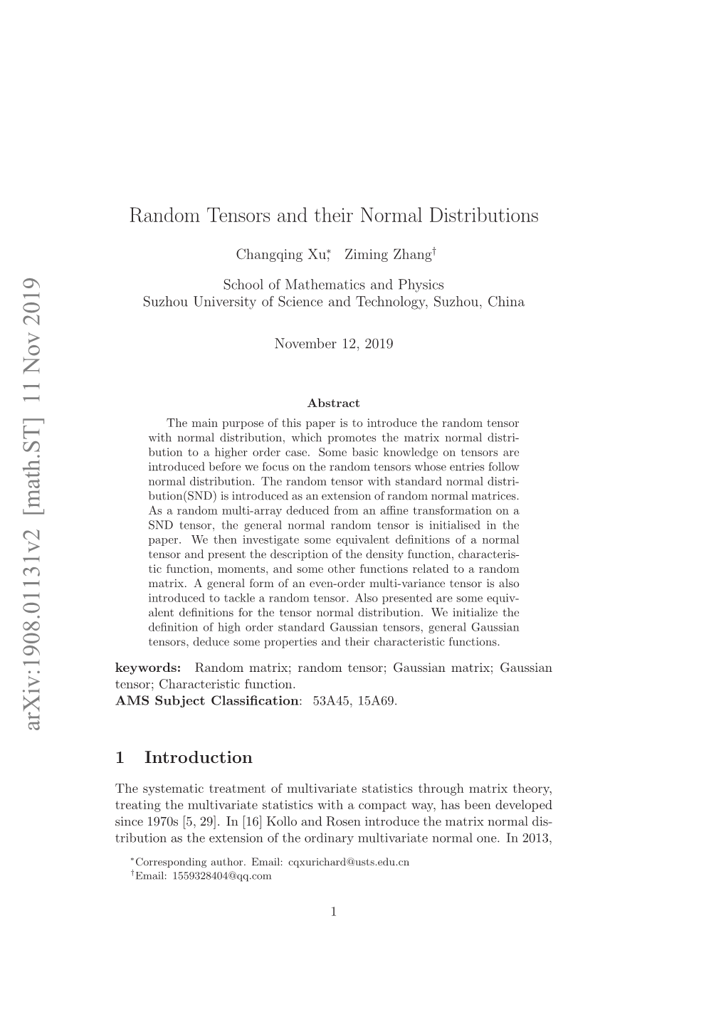 Random Tensors and Their Normal Distributions