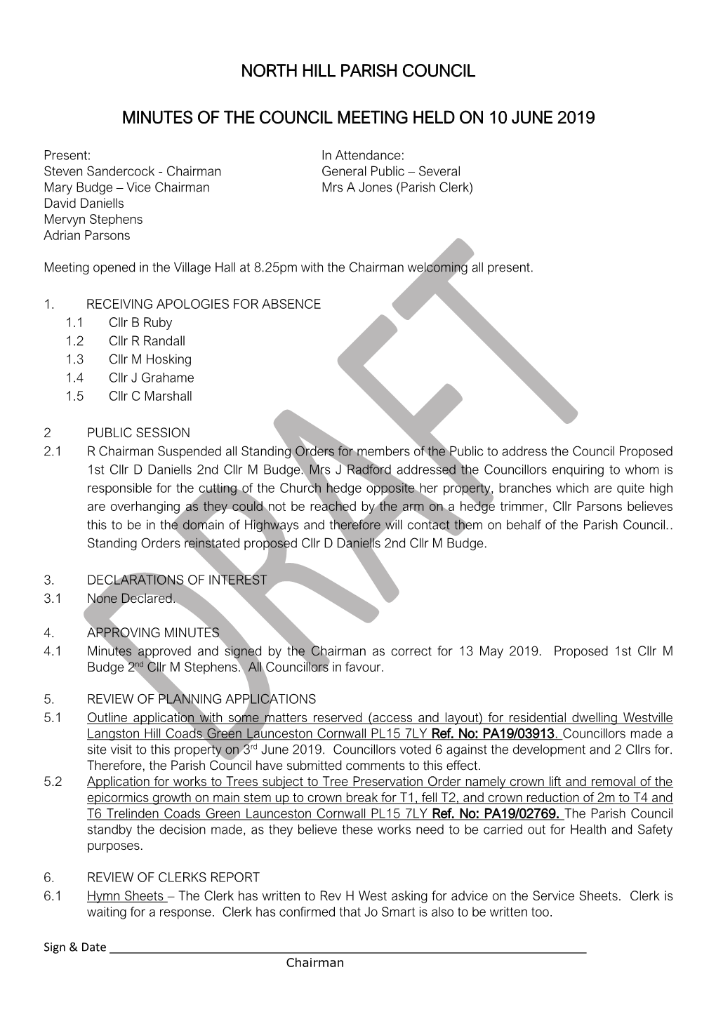 North Hill Parish Council Minutes of the Council