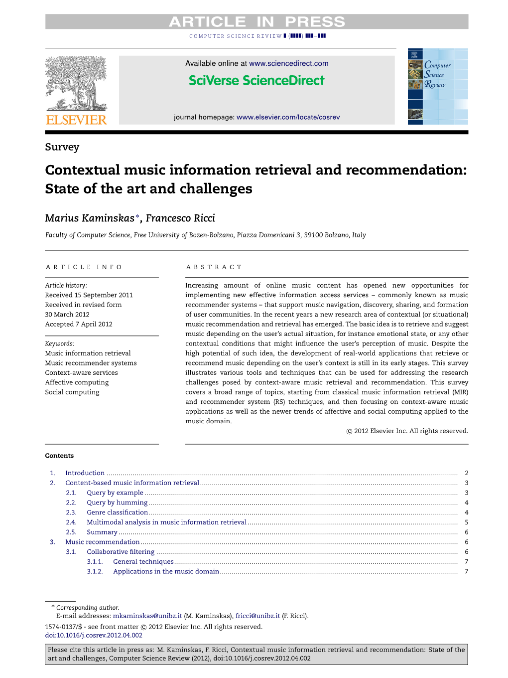 Contextual Music Information Retrieval and Recommendation: State of the Art and Challenges