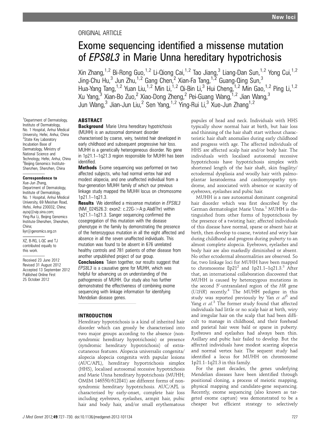 Exome Sequencing Identified a Missense Mutation of EPS8L3 In