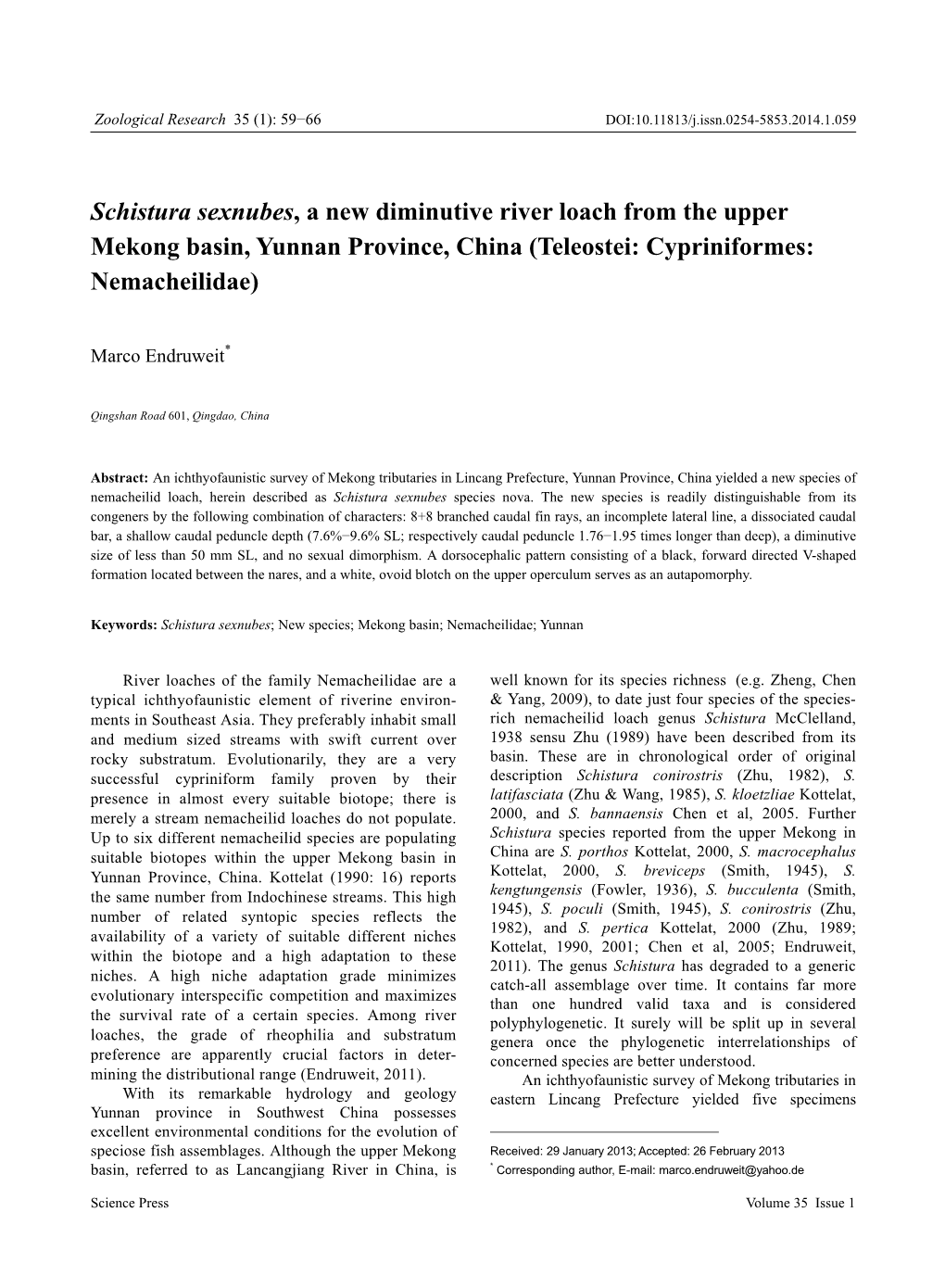 Schistura Sexnubes, a New Diminutive River Loach from the Upper Mekong Basin, Yunnan Province, China (Teleostei: Cypriniformes: Nemacheilidae)