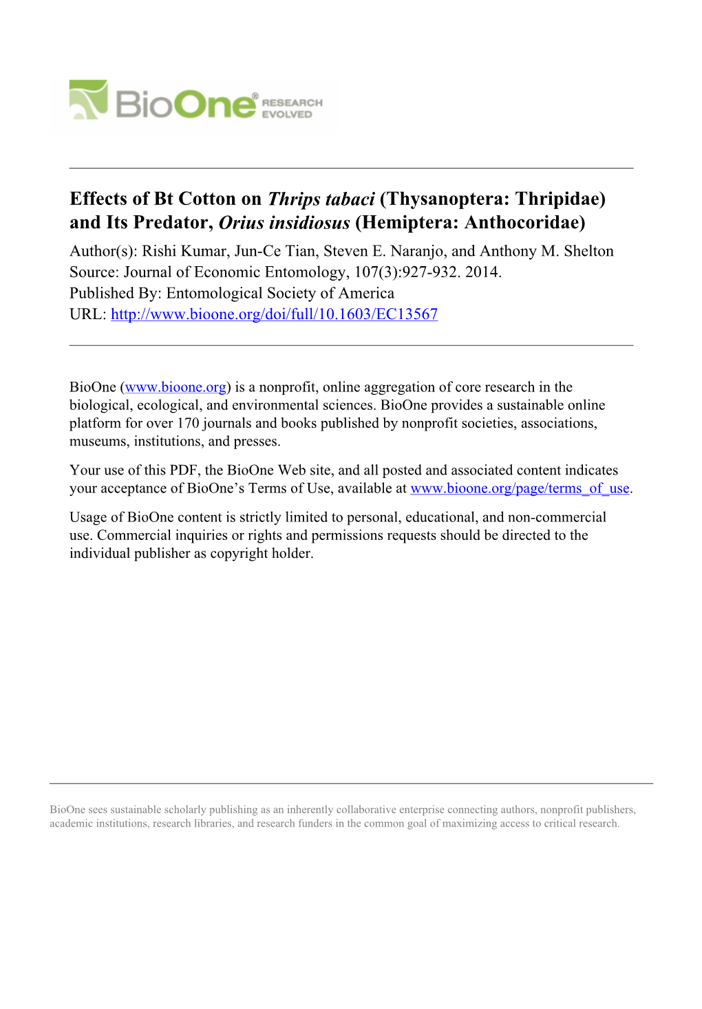 Effects of Bt Cotton on Thrips Tabaci (Thysanoptera: Thripidae)
