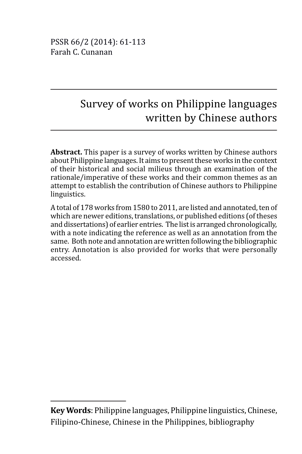 Survey of Works on Philippine Languages Written by Chinese Authors