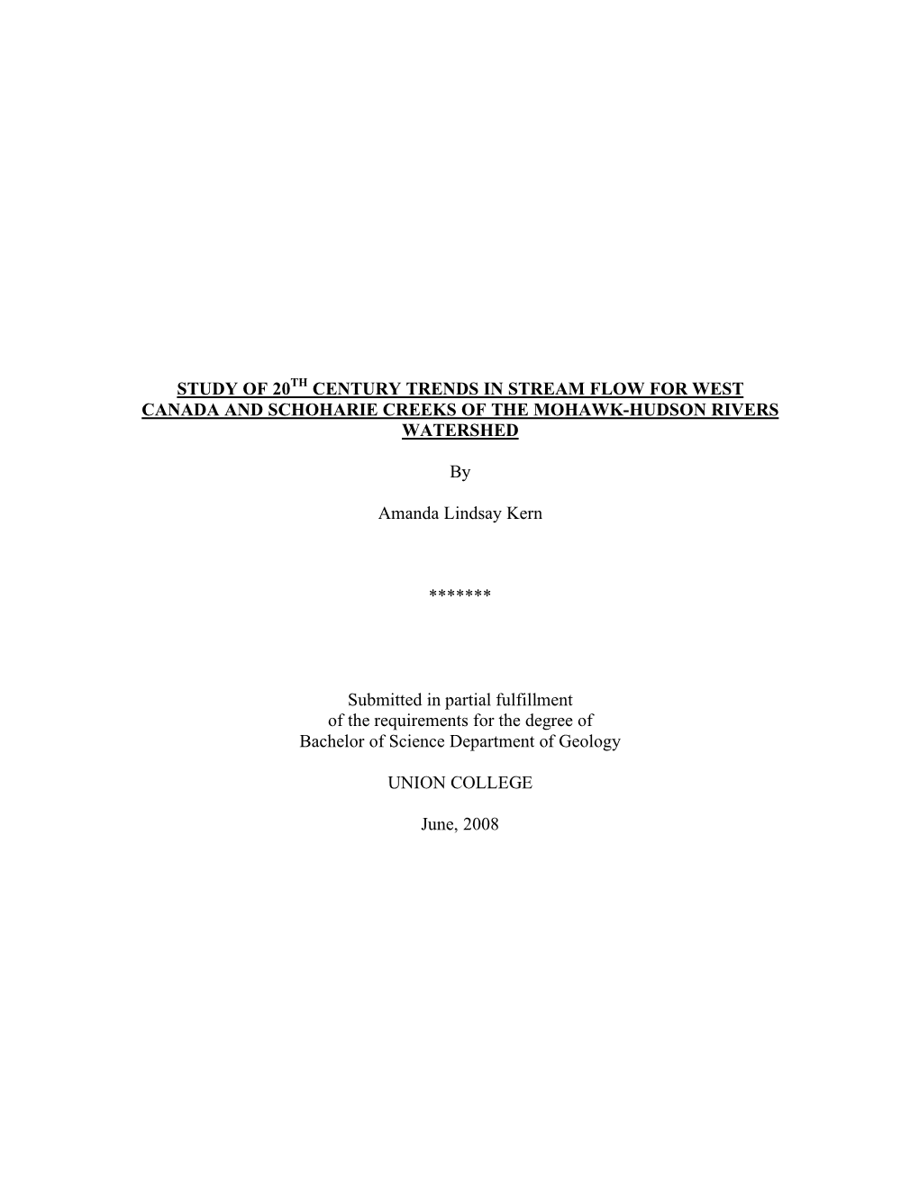 Study of 20Th Century Trends in Stream Flow for West Canada and Schoharie Creeks of the Mohawk-Hudson Rivers Watershed