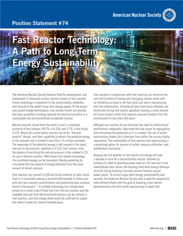 Position Statement #74 Fast Reactor Technology: a Path to Long-Term Energy Sustainability