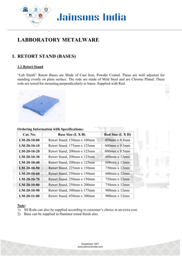 Lab Smith Laboratory Metalware Catalog