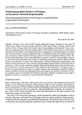 Lagomorpha) Paleobiogeograficka Historie Roduprolagus, Evropske Pist'uchy (Lagomorpha: Ochotonidae)