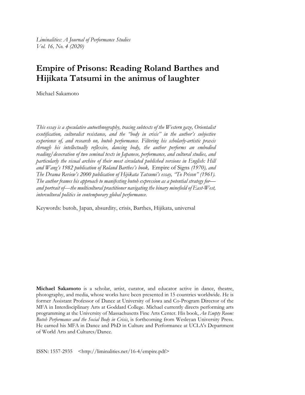Empire of Prisons: Reading Roland Barthes and Hijikata Tatsumi in the Animus of Laughter