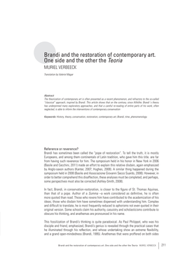 Brandi and the Restoration of Contemporary Art. One Side and the Other the Teoria MURIEL VERBEECK