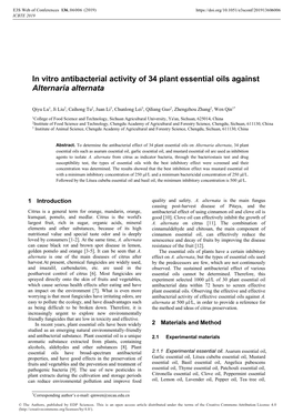 In Vitro Antibacterial Activity of 34 Plant Essential Oils Against Alternaria Alternata
