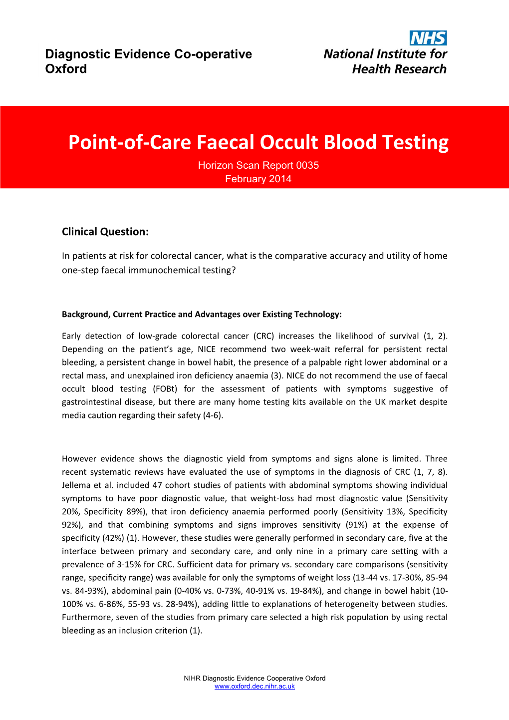 Point-Of-Care Faecal Occult Blood Testing Horizon Scan Report 0035 February 2014