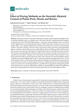 Effect of Drying Methods on the Steroidal Alkaloid Content of Potato Peels, Shoots and Berries