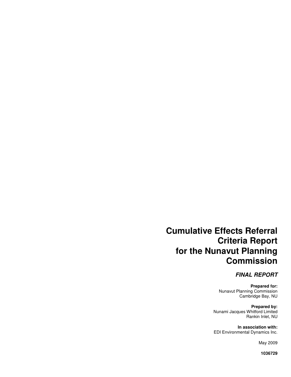 Cumulative Effects Referral Criteria Report for the Nunavut Planning Commission