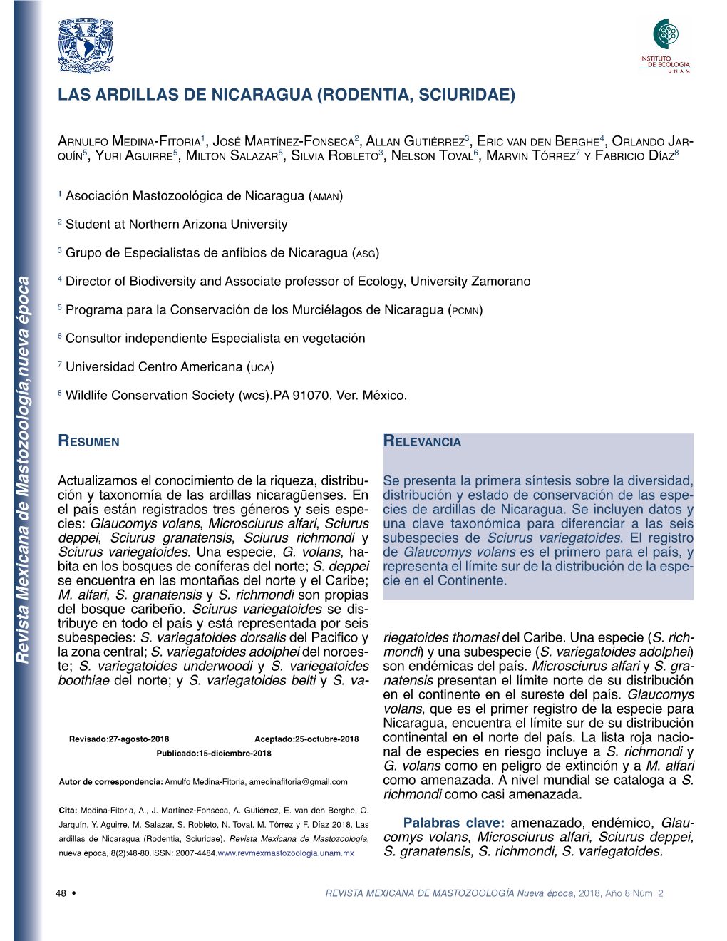 Revista Mexicana De Mastozoología,Nueva Época LAS ARDILLAS DE NICARAGUA (RODENTIA, SCIURIDAE)