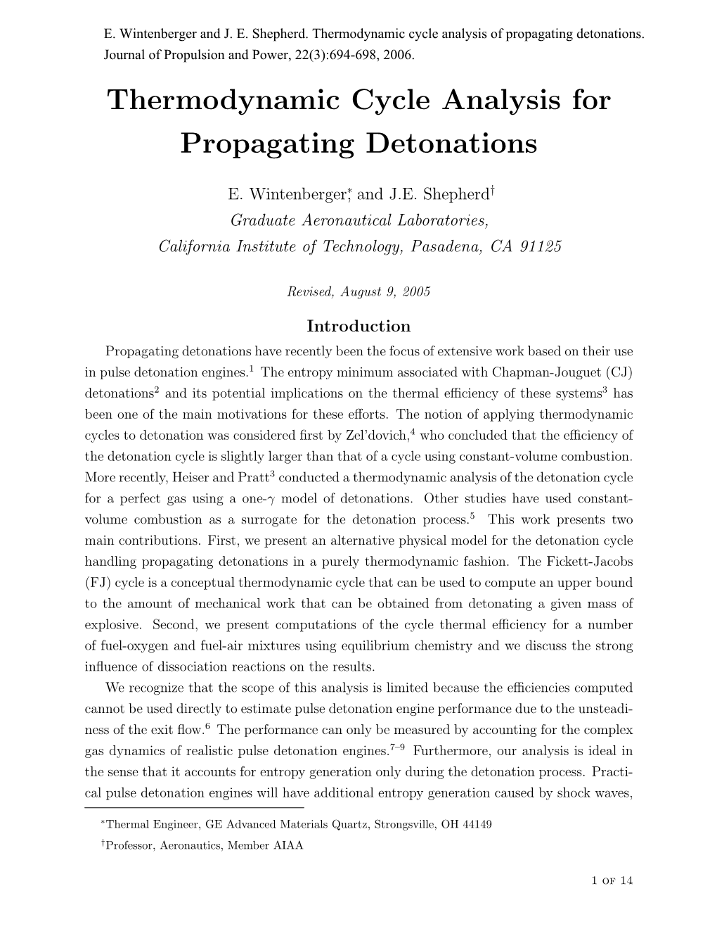 Thermodynamic Cycle Analysis for Propagating Detonations