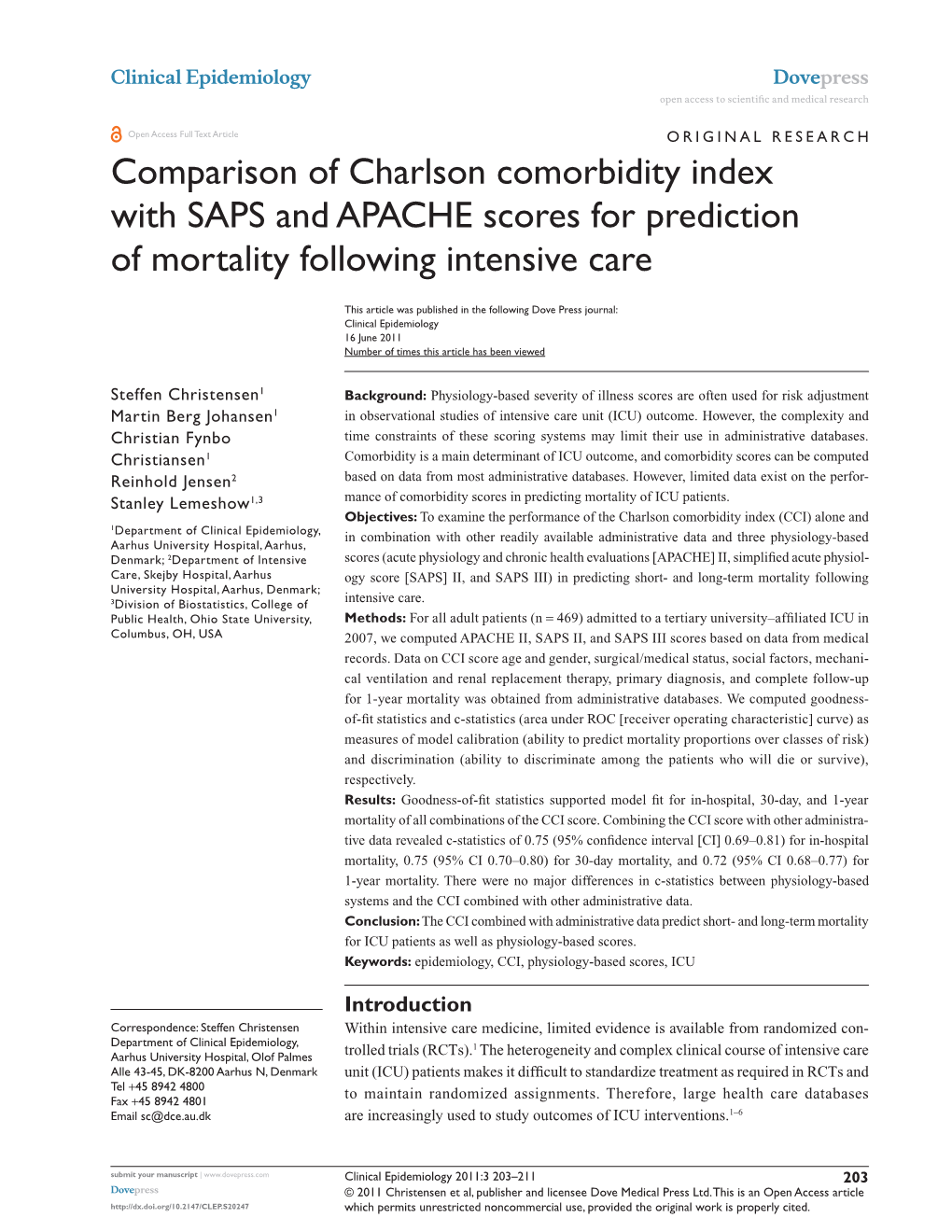 Comparison of Charlson Comorbidity Index with SAPS and APACHE Scores for Prediction of Mortality Following Intensive Care