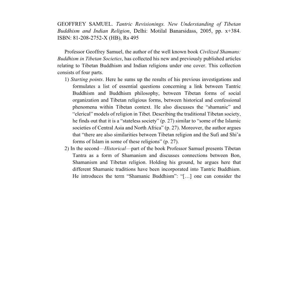 GEOFFREY SAMUEL. Tantric Revisionings. New Understanding of Tibetan Buddhism and Indian Religion, Delhi: Motilal Banarsidass, 2005, Pp