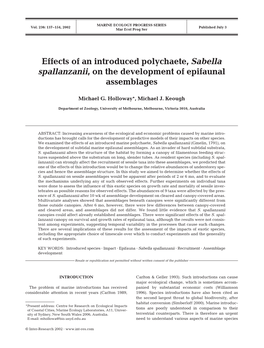 Effects of an Introduced Polychaete, Sabella Spallanzanii, on the Development of Epifaunal Assemblages