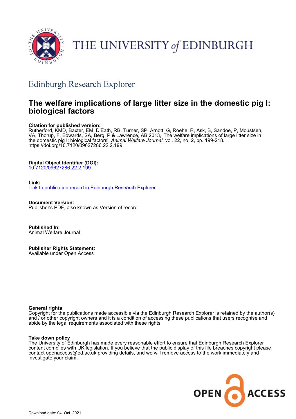 The Welfare Implications of Large Litter Size in the Domestic Pig I Biological