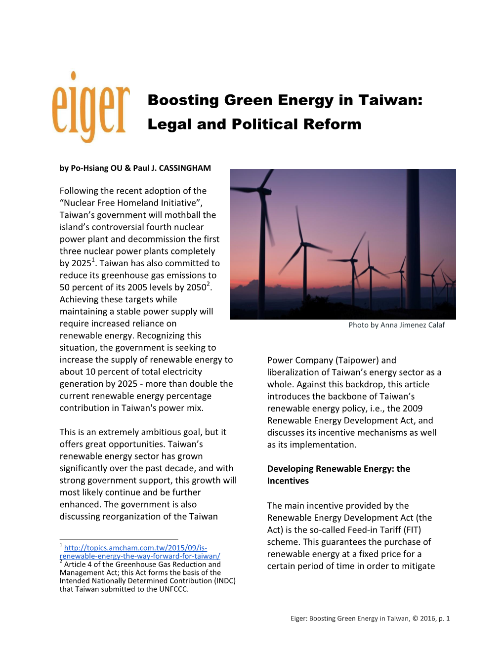 Boosting Green Energy in Taiwan: Legal and Political Reform