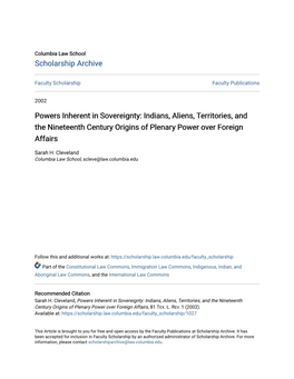 Powers Inherent in Sovereignty: Indians, Aliens, Territories, and the Nineteenth Century Origins of Plenary Power Over Foreign Affairs