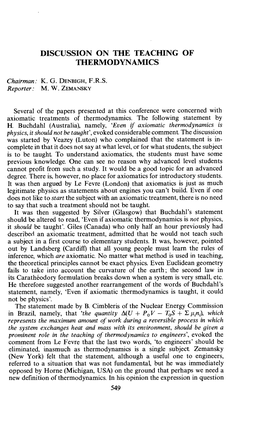 Discussion on the Teaching of Thermodynamics