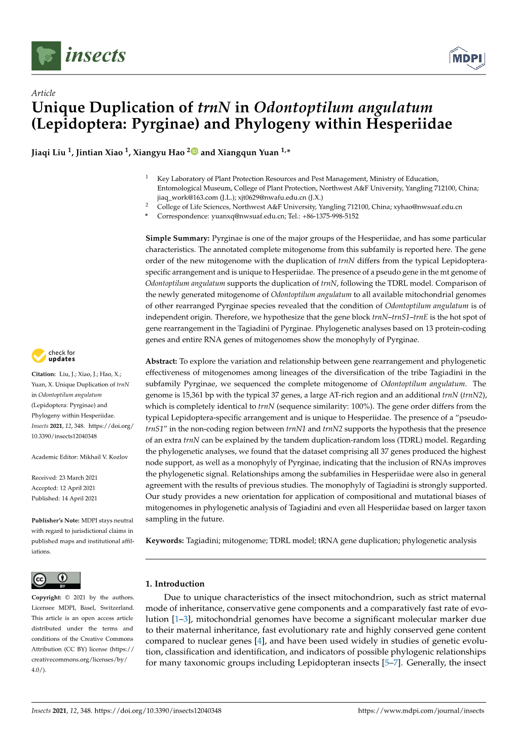 Unique Duplication of Trnn in Odontoptilum Angulatum (Lepidoptera: Pyrginae) and Phylogeny Within Hesperiidae