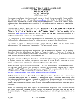 MASSACHUSETTS BAY TRANSPORTATION AUTHORITY 100 SUMMER ST., SUITE 1200 BOSTON, MA 02110 NOTICE to BIDDERS [FTA Funded Projects]