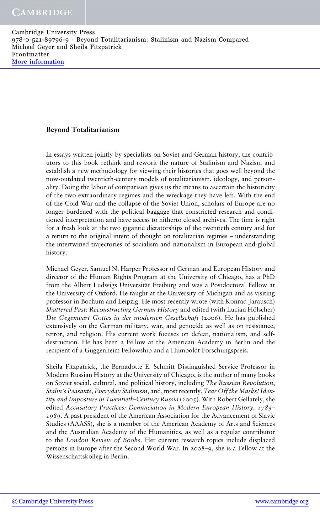 Beyond Totalitarianism: Stalinism and Nazism Compared Michael Geyer and Sheila Fitzpatrick Frontmatter More Information