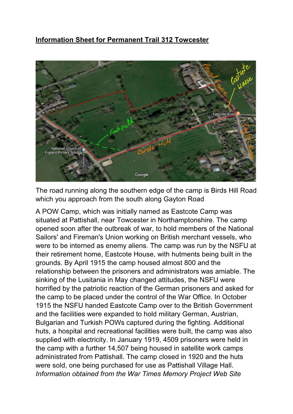 Information Sheet for Permanent Trail 312 Towcester