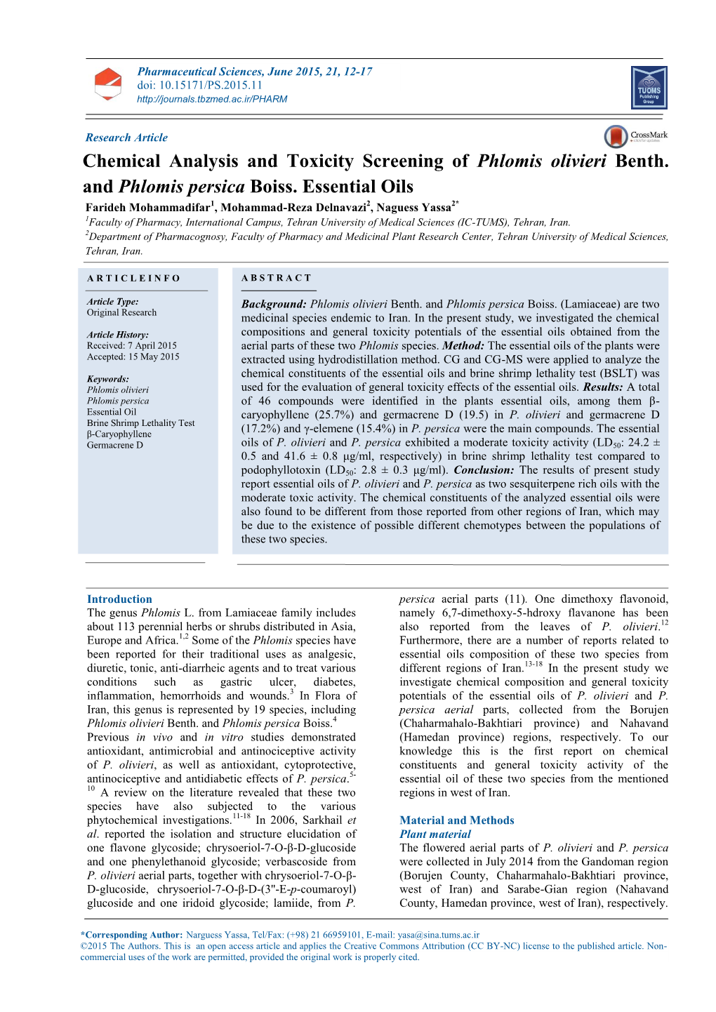 Chemical Analysis and Toxicity Screening of Phlomis Olivieri Benth