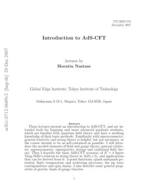 Arxiv:0712.0689V2 [Hep-Th] 20 Dec 2007 Introduction to Ads-CFT
