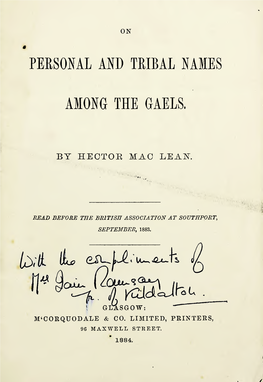 On Personal and Tribal Names Among the Gaels. by Hector