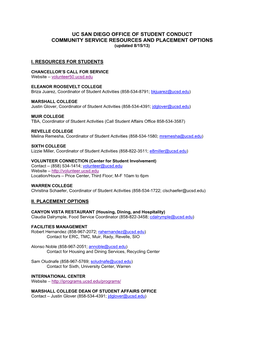 UC SAN DIEGO OFFICE of STUDENT CONDUCT COMMUNITY SERVICE RESOURCES and PLACEMENT OPTIONS (Updated 8/15/13)