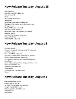 New Release Tuesday- August 15