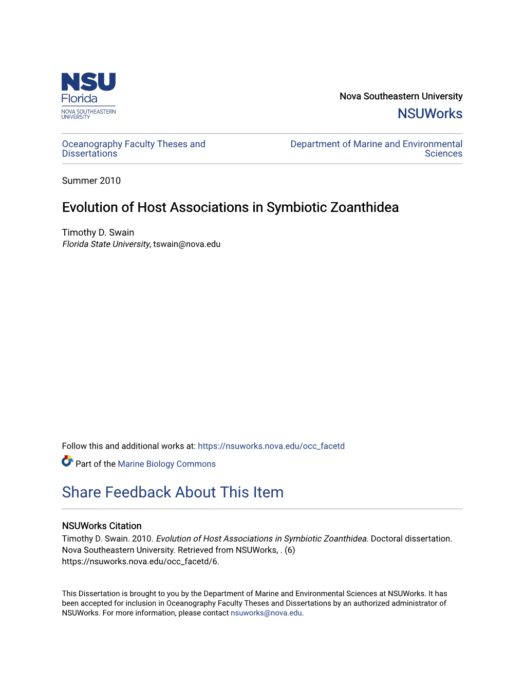 Evolution of Host Associations in Symbiotic Zoanthidea